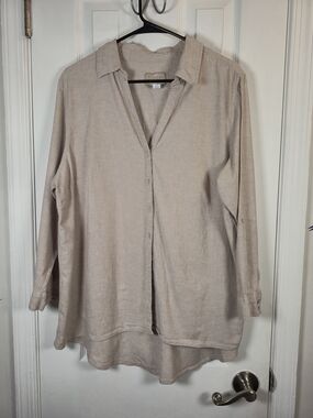 Sigrid Olsen Plus Size 1X Linen Blend Tan Button Down High Low Tunic Shirt